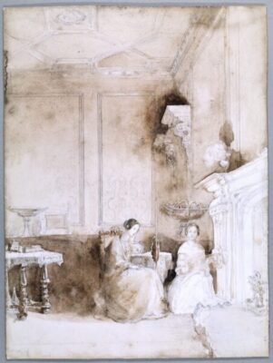 A pencil and wash drawing of two girls sat in a large room with an ornate ceiling. In front of them is a large fireplace. The figure or the left is sat on a chair reading, while the other sits on a low stool to the right.