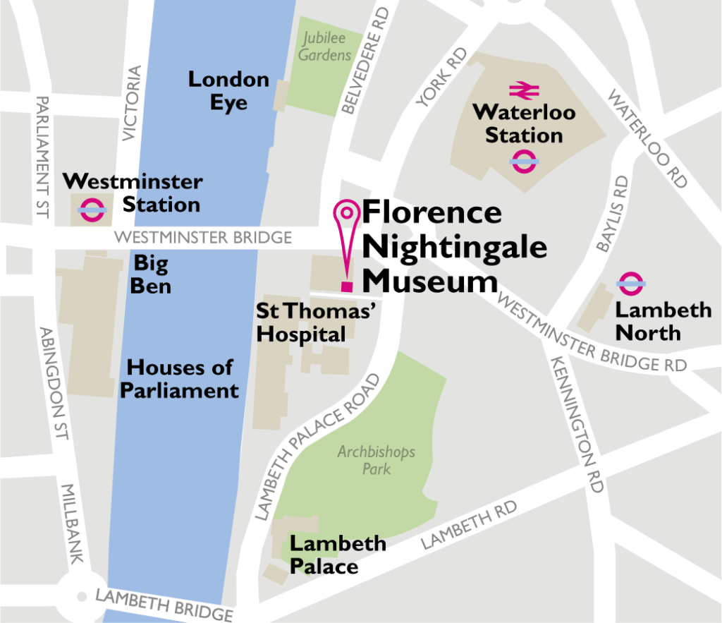 London Map of the local area with pink pin labelled Florence Nightingale Museum