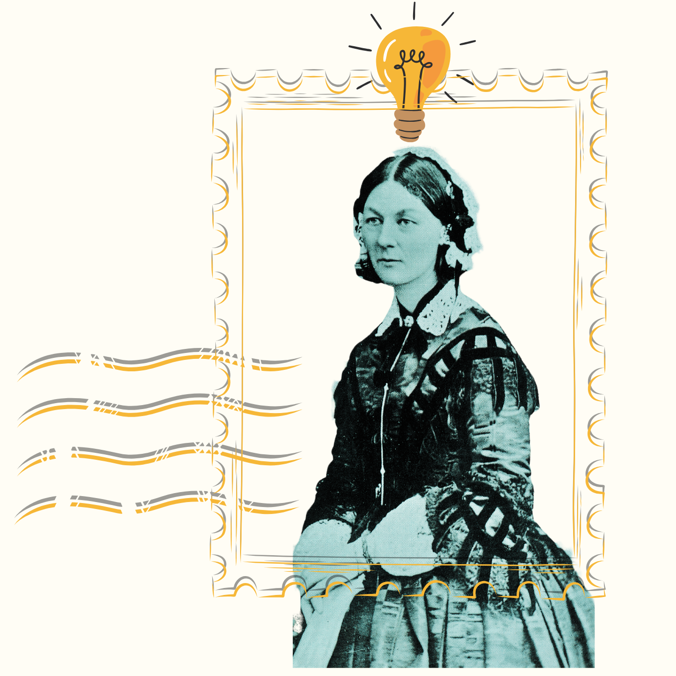 Florence Nightingale inside a postage stamp with a lightbulb above her head