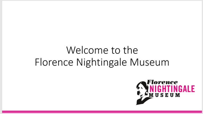 'Welcome to the Florence Nightingale Museum' black text on white background with the museum logo and pink banner